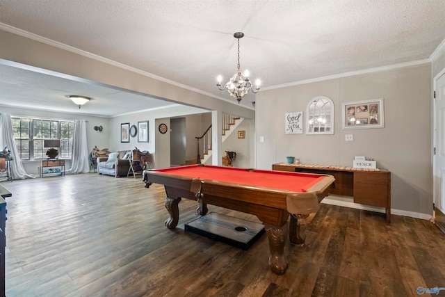 playroom with a textured ceiling, pool table, and dark wood-type flooring