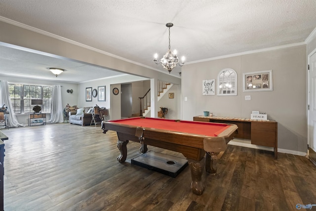 game room with ornamental molding, billiards, a textured ceiling, and wood finished floors