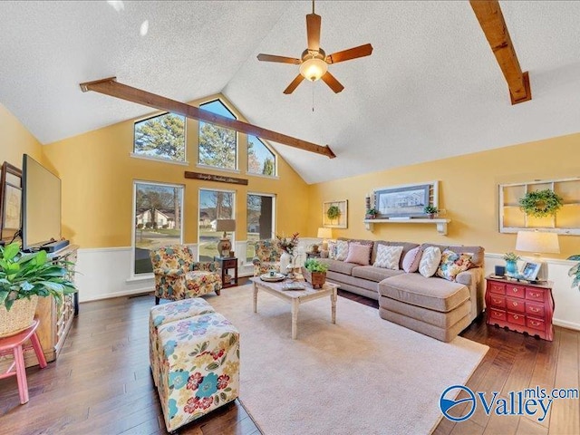 living room featuring ceiling fan, beam ceiling, dark hardwood / wood-style flooring, and a textured ceiling