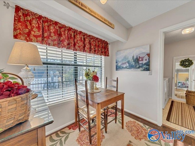 dining room with washer and dryer and a textured ceiling
