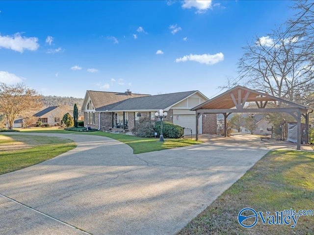 view of front of property featuring a garage, a carport, and a front lawn