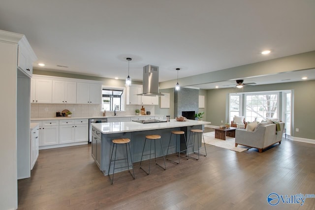 kitchen with white cabinetry, stainless steel dishwasher, island range hood, and a kitchen island