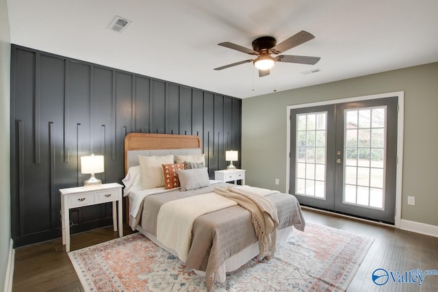 bedroom with french doors, ceiling fan, access to exterior, and hardwood / wood-style flooring