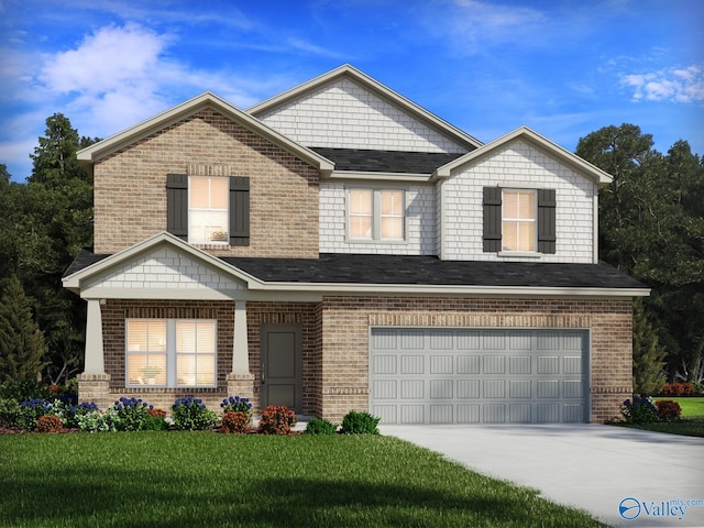 craftsman inspired home with a garage, a shingled roof, concrete driveway, a front lawn, and brick siding