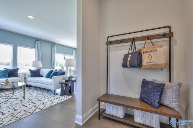 mudroom featuring visible vents, baseboards, wood finished floors, and recessed lighting