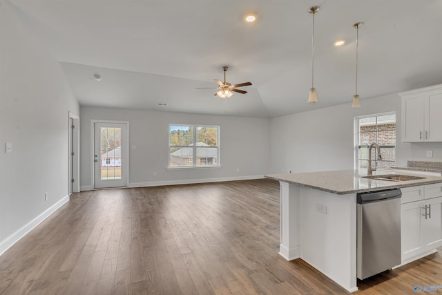 kitchen with plenty of natural light, dishwasher, wood finished floors, and a sink