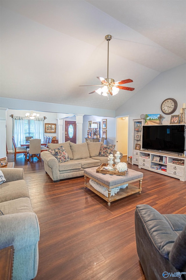 living room featuring lofted ceiling, ceiling fan, and hardwood / wood-style floors