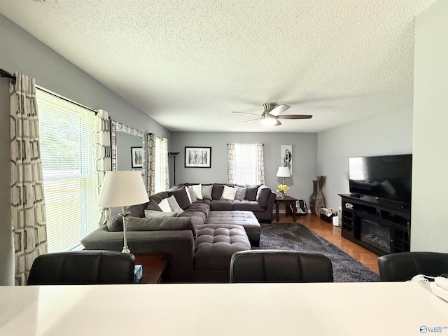 101 Maple Valley Dr, Madison, AL 35758 - living room featuring ceiling fan, a textured ceiling, wood finished floors, and a glass covered fireplace