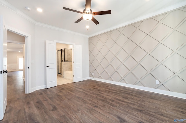 unfurnished room with hardwood / wood-style flooring, ornamental molding, and ceiling fan