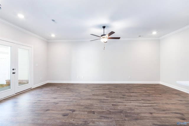 spare room featuring french doors, ceiling fan, ornamental molding, and dark hardwood / wood-style floors