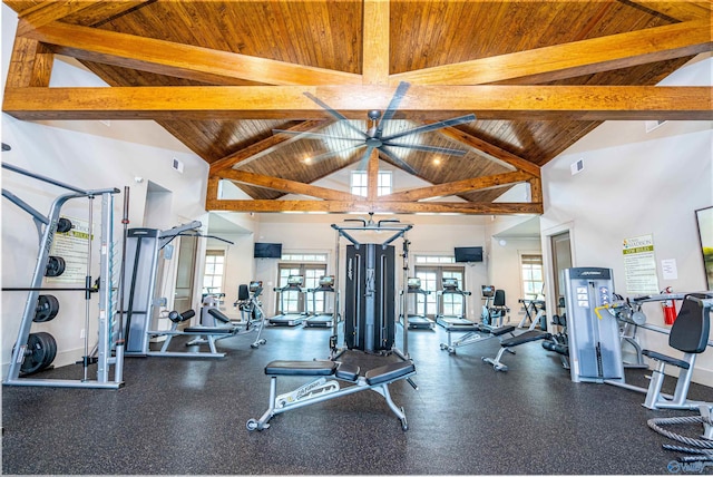 exercise room with high vaulted ceiling and wooden ceiling