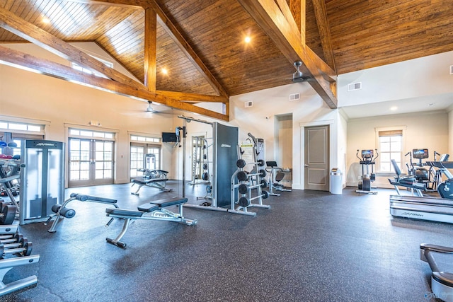 workout area featuring french doors, ceiling fan, high vaulted ceiling, and wooden ceiling