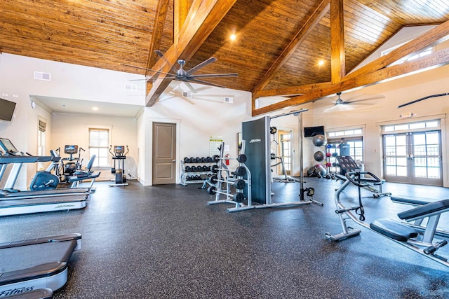 gym with wood ceiling, ceiling fan, and french doors