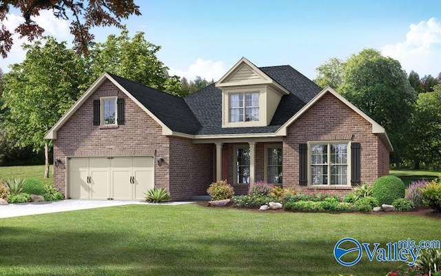 view of front of home with driveway, a garage, a front yard, and brick siding