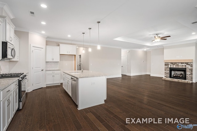 kitchen featuring ceiling fan, appliances with stainless steel finishes, open floor plan, a fireplace, and a sink