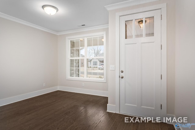 foyer with dark wood-style floors, baseboards, visible vents, and crown molding