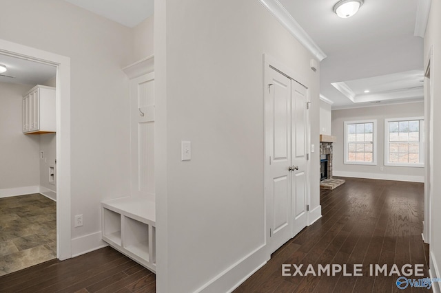 hall with baseboards, dark wood-type flooring, crown molding, and a raised ceiling