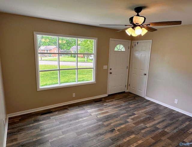 1701 Golf Club Ln NW, Huntsville, AL 35816 - foyer entrance featuring baseboards, visible vents, a ceiling fan, and dark wood-style flooring