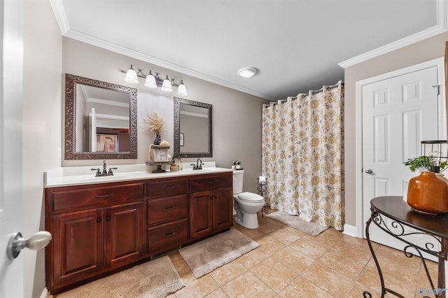 27906 Mooresville Rd, Elkmont, AL 35620 - full bath featuring ornamental molding, double vanity, tile patterned floors, toilet, and curtained shower