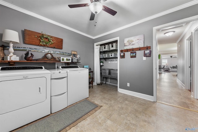 27906 Mooresville Rd, Elkmont, AL 35620 - washroom with washer and clothes dryer, a ceiling fan, crown molding, light tile patterned floors, and baseboards