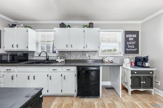 27906 Mooresville Rd, Elkmont, AL 35620 - kitchen with black dishwasher, a sink, dark countertops, crown molding, and white cabinetry