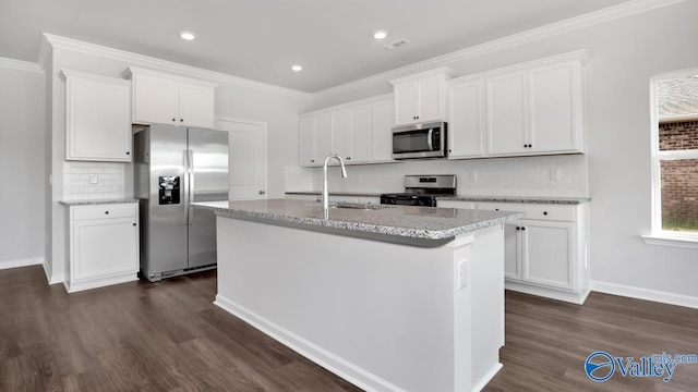 kitchen with dark hardwood / wood-style flooring, white cabinets, stainless steel appliances, and an island with sink