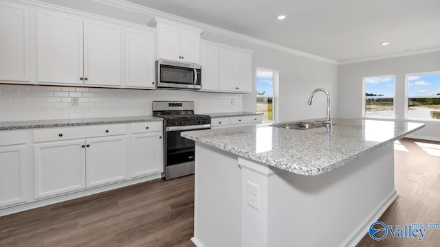 kitchen featuring stainless steel appliances, a wealth of natural light, and an island with sink