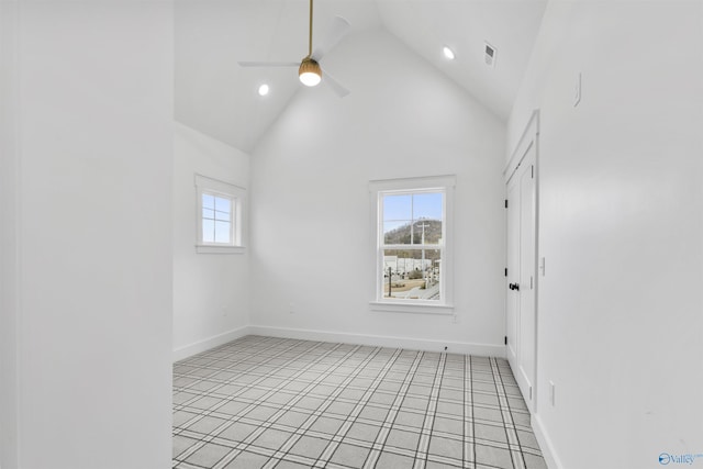 unfurnished room featuring high vaulted ceiling, visible vents, baseboards, recessed lighting, and a ceiling fan