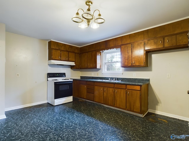 4227 Keith Dr NW, Huntsville, AL 35810 - kitchen featuring electric range oven, under cabinet range hood, a chandelier, and baseboards