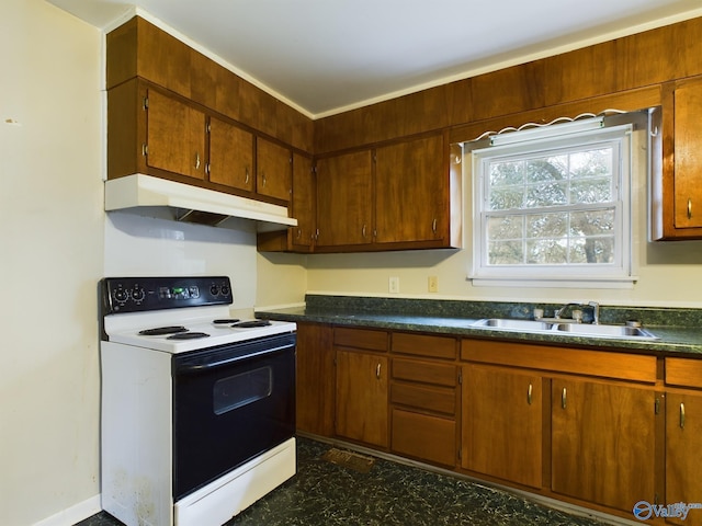 4227 Keith Dr NW, Huntsville, AL 35810 - kitchen featuring range with electric cooktop, under cabinet range hood, a sink, dark countertops, and dark floors