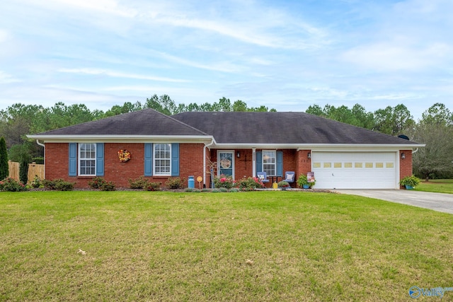 ranch-style house featuring a front yard and a garage