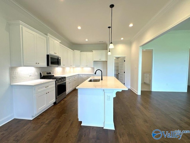 kitchen with white cabinetry, tasteful backsplash, dark wood-type flooring, stainless steel appliances, and sink