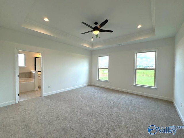 carpeted spare room featuring a tray ceiling, ornamental molding, and ceiling fan