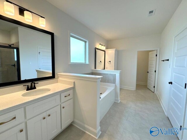 bathroom with vanity and separate shower and tub