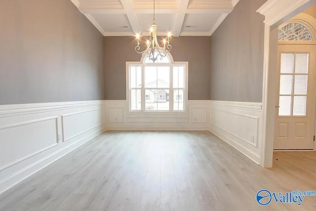 17401 Stonegate Dr, Athens, AL 35613 - unfurnished dining area featuring a chandelier, crown molding, coffered ceiling, beam ceiling, and wainscoting