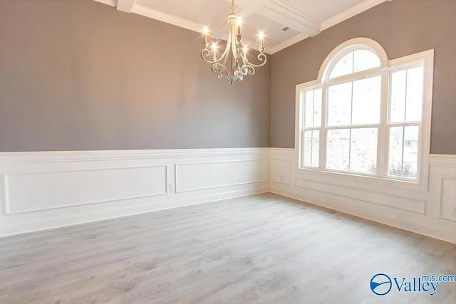 17401 Stonegate Dr, Athens, AL 35613 - unfurnished room featuring crown molding, a chandelier, wainscoting, wood finished floors, and beamed ceiling