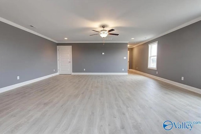 17401 Stonegate Dr, Athens, AL 35613 - empty room featuring ornamental molding, ceiling fan, baseboards, recessed lighting, and light wood-type flooring