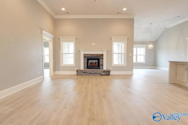 17401 Stonegate Dr, Athens, AL 35613 - unfurnished living room with a fireplace, light wood-style flooring, baseboards, ornamental molding, and recessed lighting