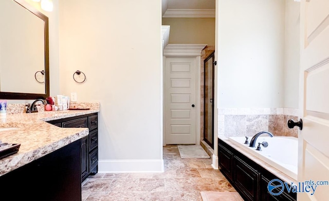 bathroom with tile patterned flooring, shower with separate bathtub, crown molding, and vanity