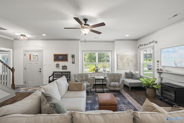 1530 Trek St NE, Huntsville, AL 35811 - living area featuring ornamental molding, wood finished floors, a ceiling fan, stairway, and recessed lighting