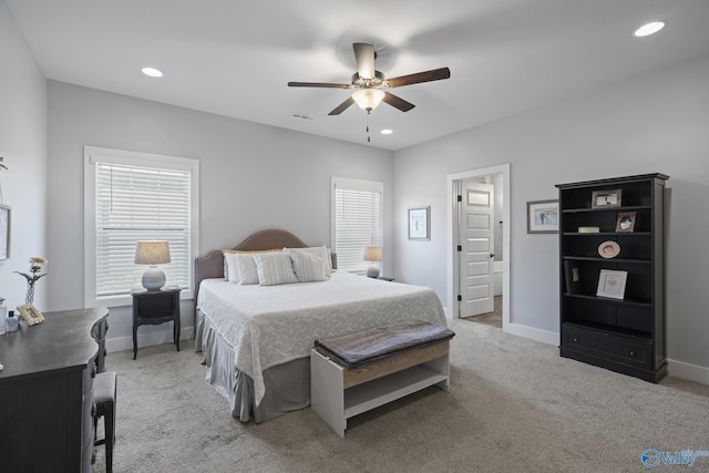 1530 Trek St NE, Huntsville, AL 35811 - bedroom with light colored carpet, baseboards, recessed lighting, and ceiling fan