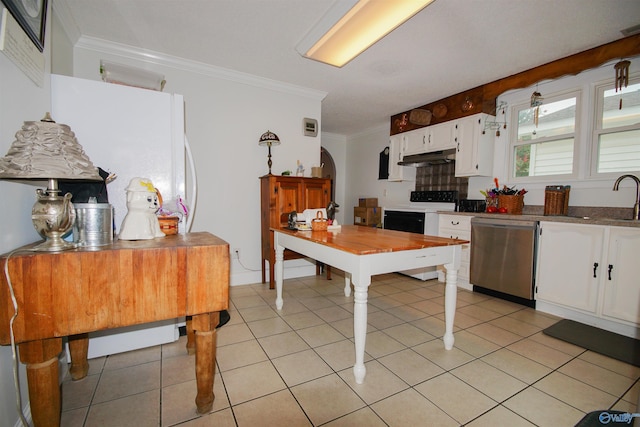 kitchen with white cabinetry, ornamental molding, stainless steel dishwasher, and light tile patterned floors