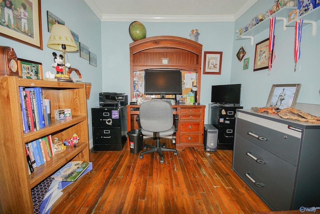 home office with dark wood-type flooring and ornamental molding