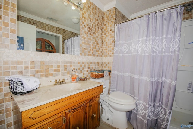 bathroom with tile walls, decorative backsplash, ornamental molding, toilet, and a shower with curtain