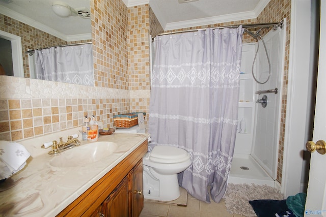 bathroom with tile walls, tile patterned flooring, toilet, crown molding, and a shower with shower curtain