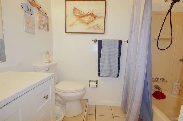 full bathroom featuring vanity, tile patterned floors, toilet, and shower / bath combo with shower curtain