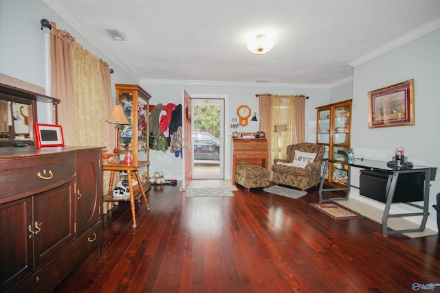 living area featuring crown molding, a textured ceiling, and dark hardwood / wood-style flooring