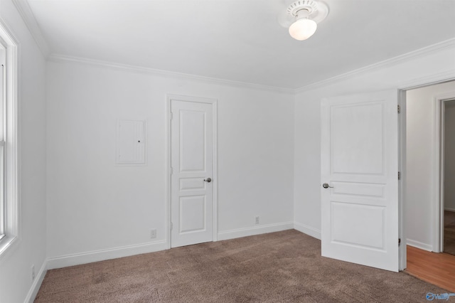 spare room with ornamental molding, electric panel, and carpet flooring