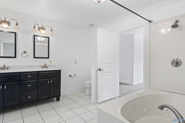 full bathroom with independent shower and bath, toilet, vanity, crown molding, and tile patterned flooring