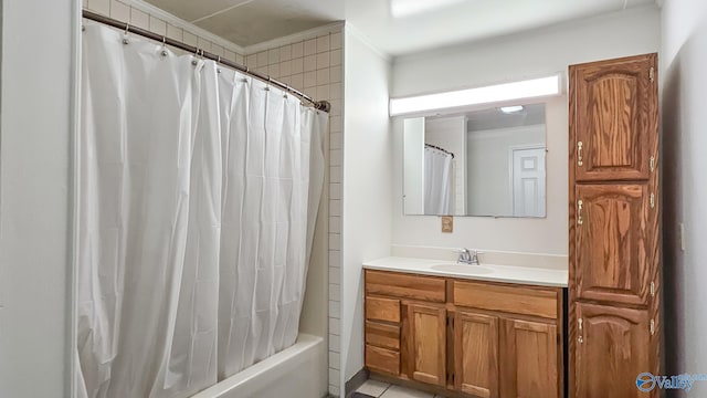 full bath featuring shower / tub combo and vanity